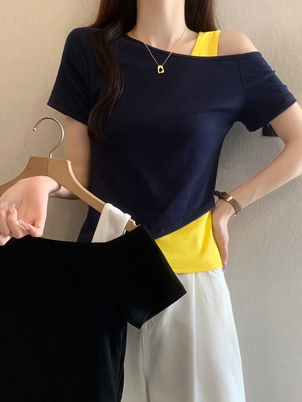 

plus Size Women's T-Shirt Shoulder Bared Short Sleeve Color Block Casual Style Summer Fashionable Top Asymmetrical Design
