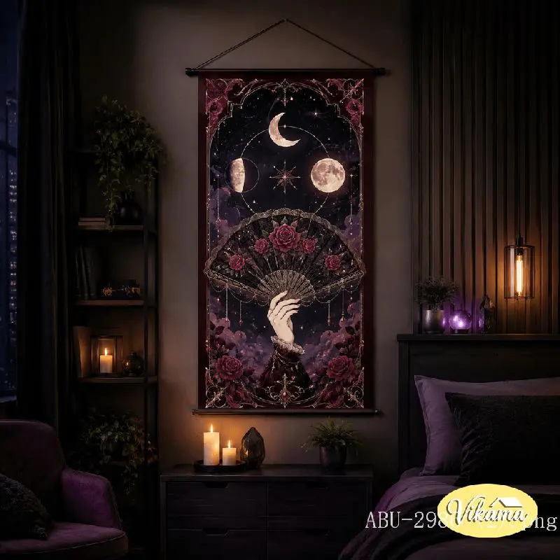 VIKAMA Gothic Moon Goddess Tapestry Purple Crescent Star Rose Mystic Art Wall Hanging for Bedroom Aesthetic Home Decor
