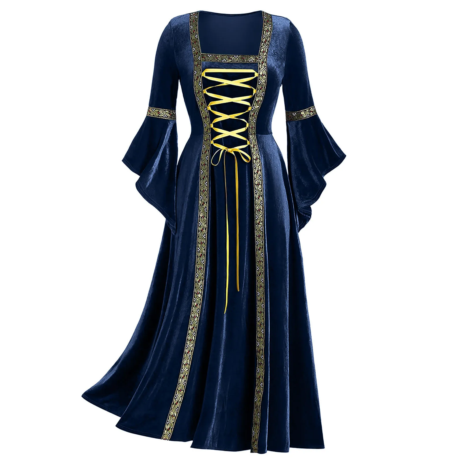 Vintage Middeleeuwse Renaissance Goth Punk Lange Mouw Maxi Jurk Fluwelen Jurk Touw Kostuum Vrouwen Kleding Halloween Cosplay Carnaval