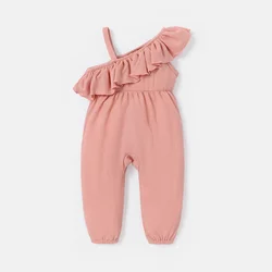 PatPat Baby Girl Pink Waffle Textured Ruffled One Shoulder Sleeveless Jumpsuit Suitable for Summer Season Basic Style