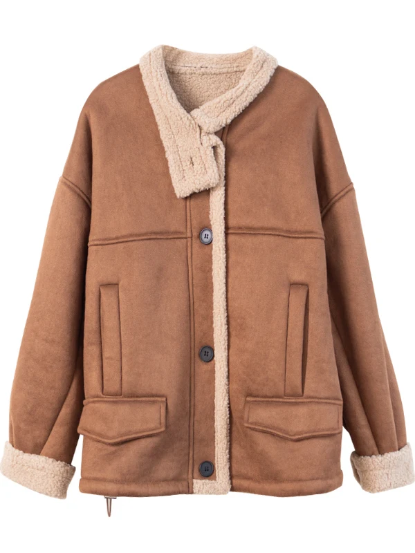 여성용 바이커 재킷 양털 안감 스탠드 칼라 스웨이드 겨울 패션 캐주얼 루즈핏 롱 코트