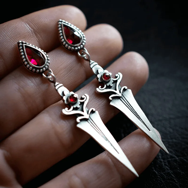 Retro Creative Exaggerated Ruby Personality Dagger Tassel Earrings Fashion Ladies Exaggerated Earrings Gift