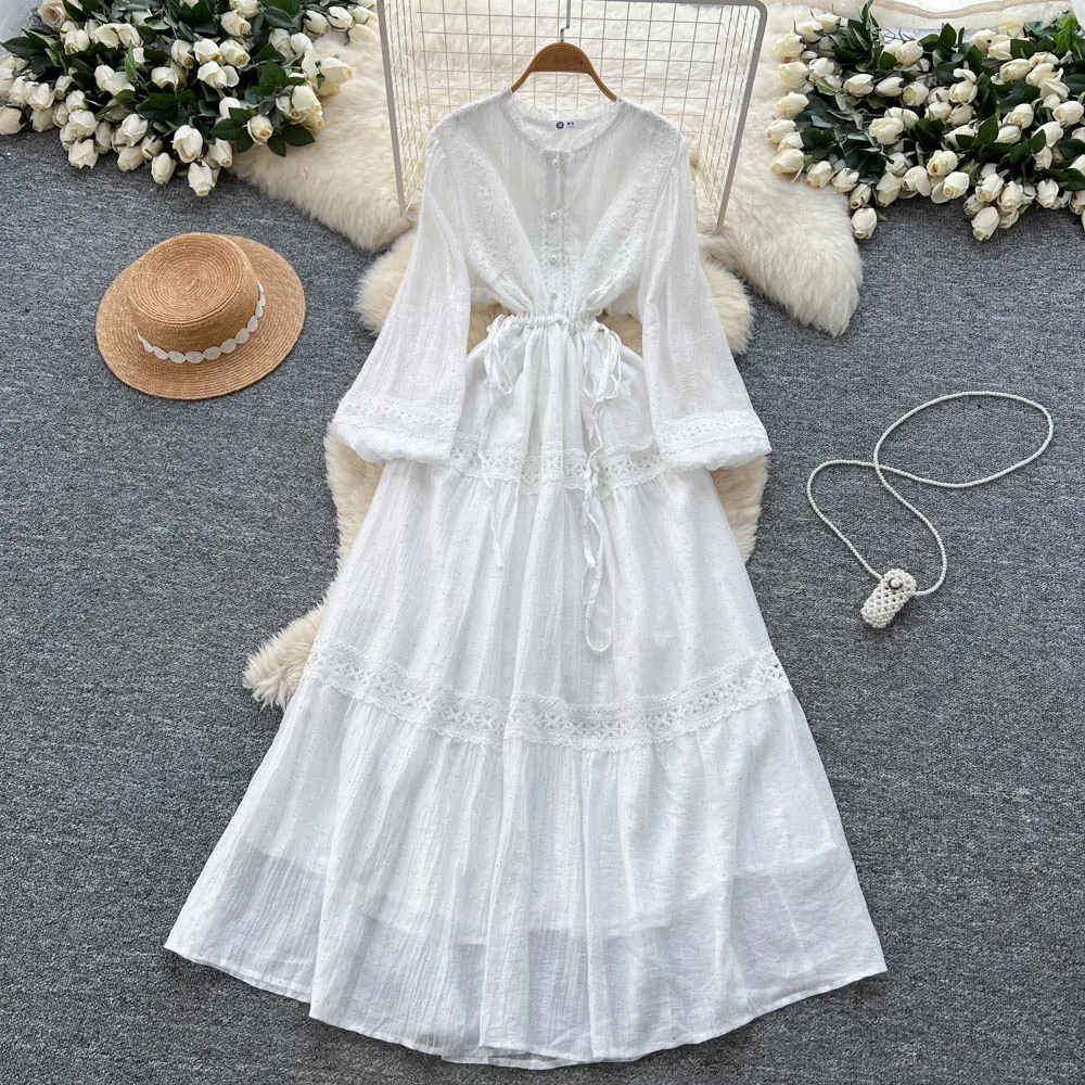 Chic vintage Spliced lace slim Elegant Fairy korean fashion Boho Sundress women clothing Long dress