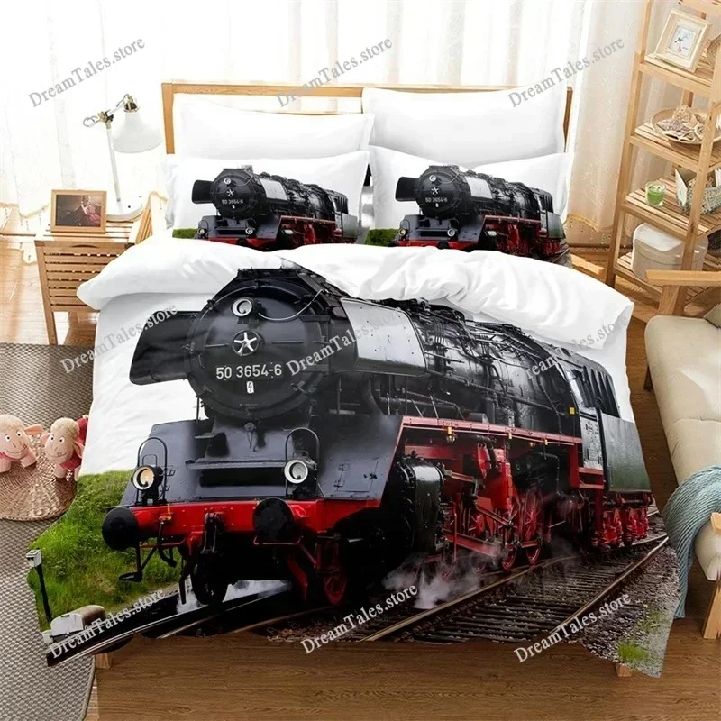 Train Duvet Cover Full Size Boys Steam Engine Bedding Set Microfiber 3D Rail Vehicles Comforter Cover for Kids Teens Room Decor3