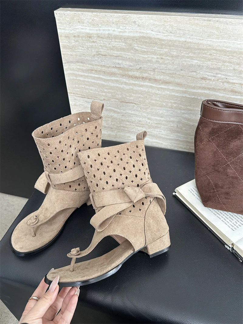 2026 Gladiator Rome Sandals High Top Ankle Boots Summer Spring Thong Clip Toe Sandals Cuban Heel Casual Bow Knot Shoes Booties