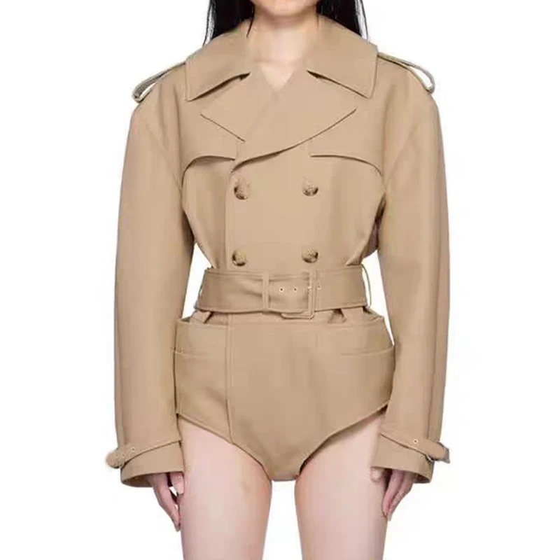 

Women's jacket New outerwears summer 2025 double breasted lapel long sleeved top Belt slimming women's jumpsuit Pure cotton coat