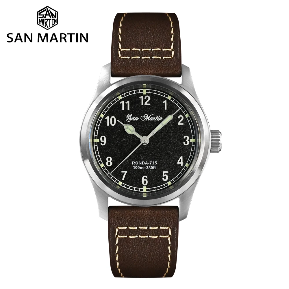 San Martin Men Pilot Watch 37mm RONDA 715 Fire Pattern Dial Military Simple Fashion Style Quartz Movement 10 Bar Luminous