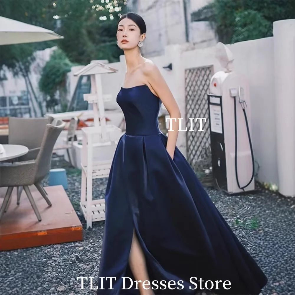TLIT Einfache Satin-Abendkleider in A-Linie, trägerlos, formelle Party-Abschlussballkleider für Hochzeitsfotos, individuelles Rückenkorsett