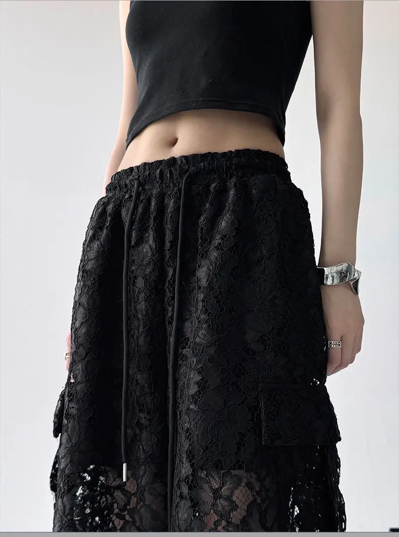 2026 Black Casual Pants Women's Summer Versatile Design Sense Splicing Hollow Lace Premium Sense Straight Wide Leg Pants