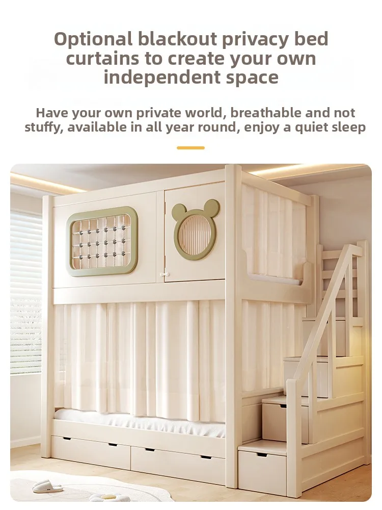 Cherry Wood Bunk, Same Width Parallel Bed Elevated, Children's Mother and Child Bed Up and Down