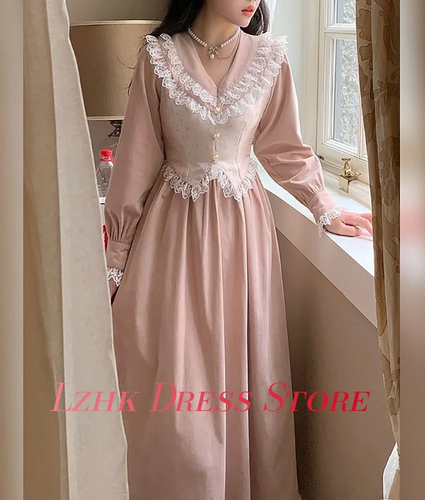 Personalizado gracioso jérsei a linha botões de renda vestido de noite temperamento mangas compridas com decote em v chá comprimento sob medida vestidos de ocasião