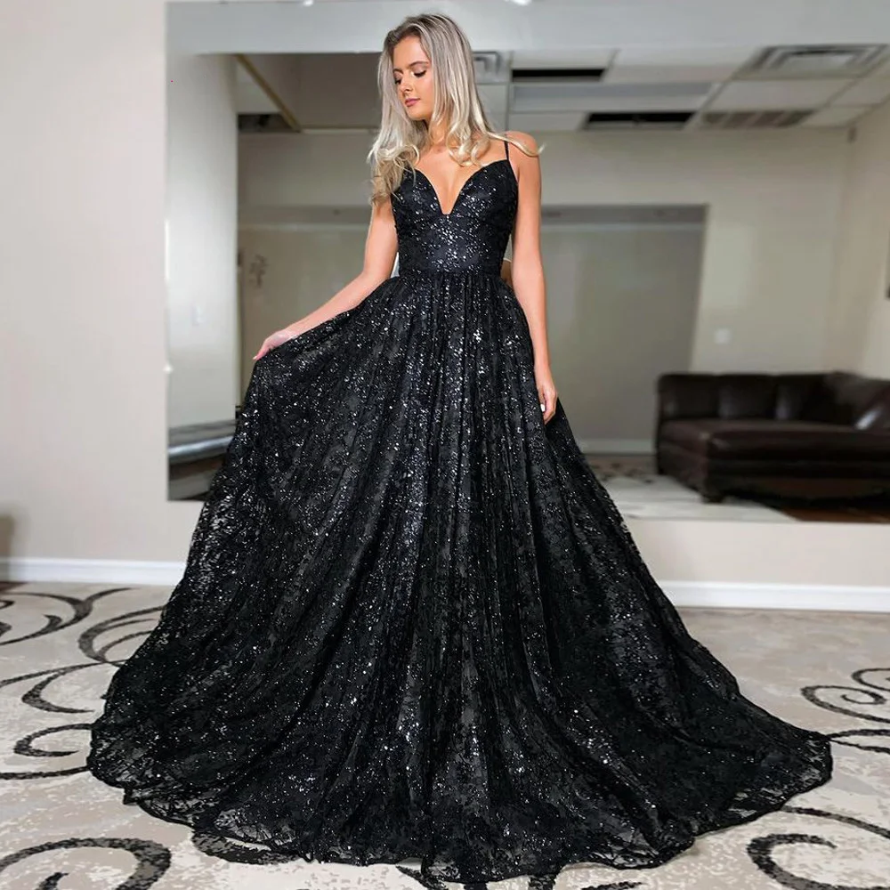 2022 Sparkly Black Wedding Dresses Formal Lace V-Neck Straps Glitter A-Line Backless Bridal Dress