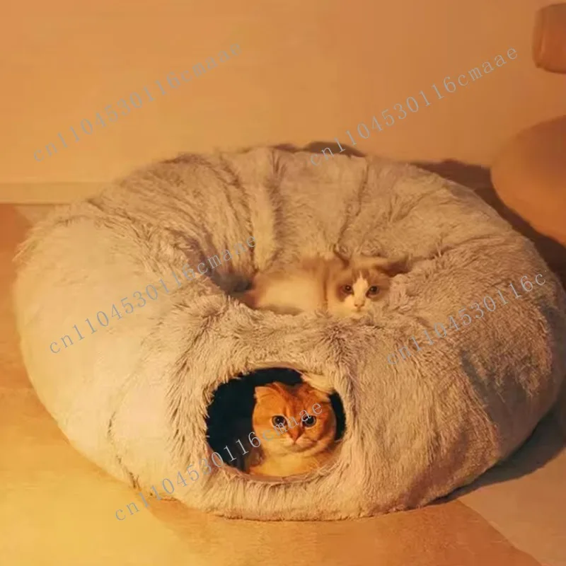 Multifunctional Foldable Collapsible Detachable Fluffy Plush Donut Toy Long Fur Cat Nest Tunnel Bed