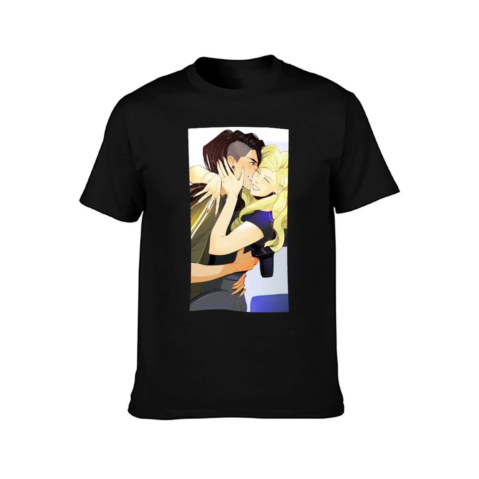 Mitsu and Celia hug Blindfold Mashersan T-Shirt, Summer Casual Cotton Tee, Oversized Streetwear Tops, Vintage Graphic Print