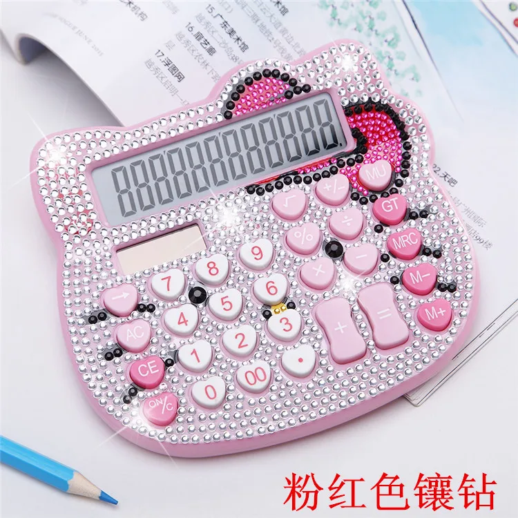 

Hello Kitty Rhinestone Calculator Cartoon Crystal Diamond Solar Energy Bow Tie Heart Button Sanrio Electronic Creative Kid Gift