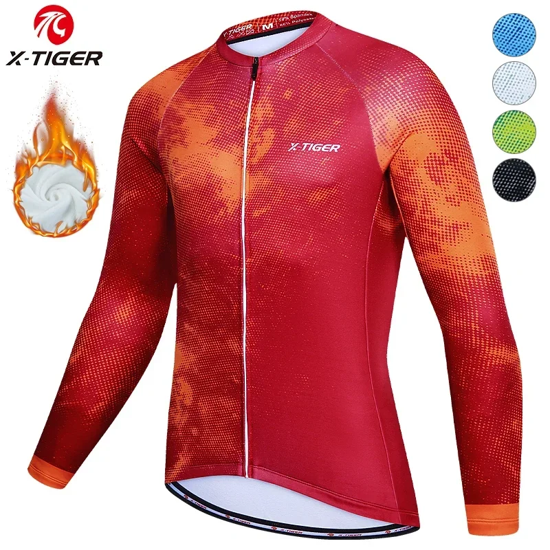 

X-TIGER Men's Cycling Jersey Red Winter Thermal Long Sleeve Cycling Shirt with 4 Rear Pockets Fleece Bicycle Clothes Jeresy