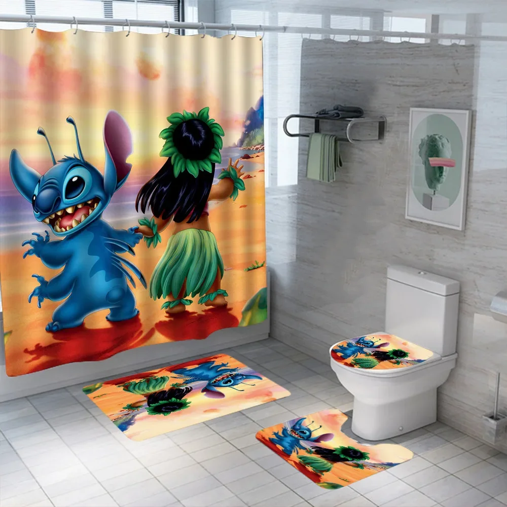 

Disney Stitch Bathroom Curtains Shower Curtain Set for Bathroom Cartoon Ornate Bath Rug Decor