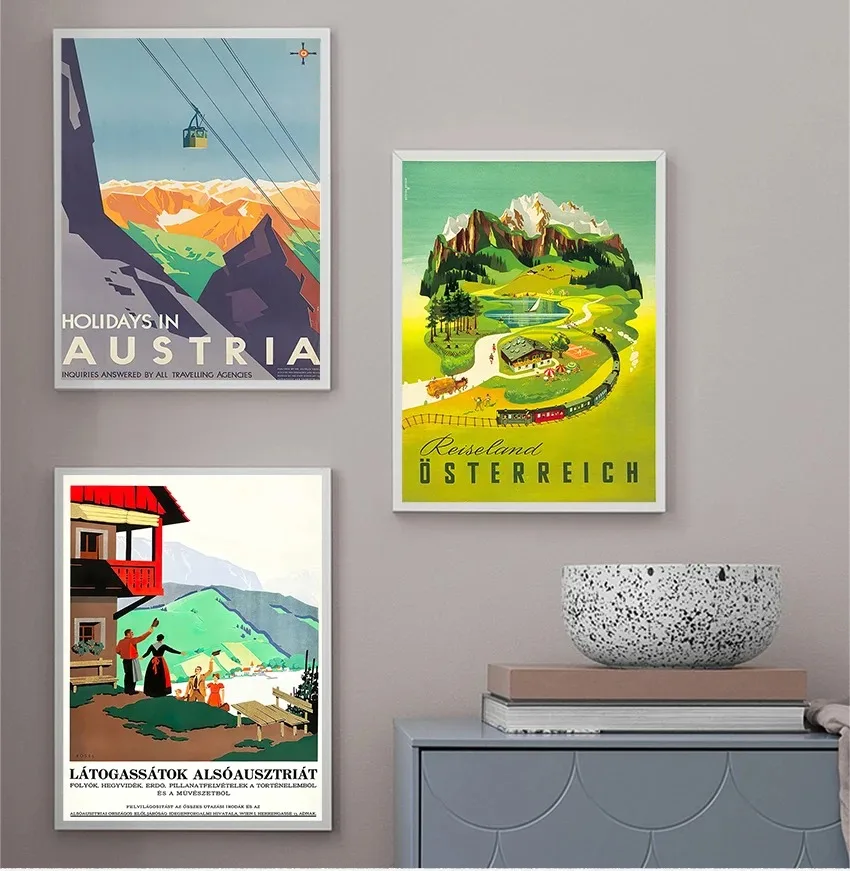 Canvas Painting Kraft Poster Coated Wall Sticker Home Decoration Gift Ski in Austria Country Cable Car Vintage Travel Posters