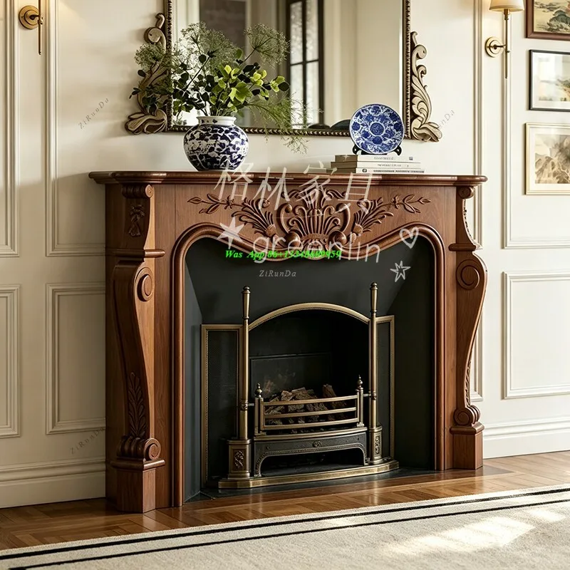 Medieval American Solid Wood Carving Flower Fireplace Cabinet, French Retro Wood Stove,Living Room Entrance Decoration Fireplace