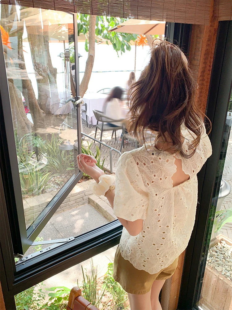 

Zeng Xiao Xian Gentle Formula White Lace Embroidery ort Sve T-irt Women's Summer New round Ne Sweet ort Top