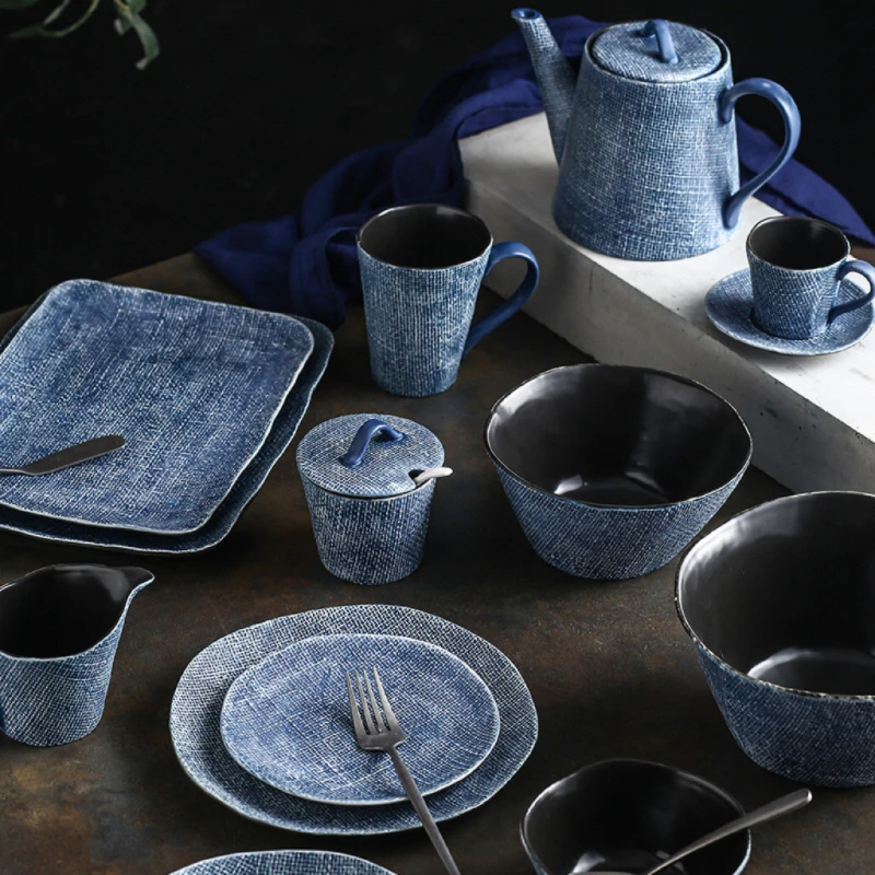 

Blue Kiln Ceramic Plates With Denim patternTableware Dining Plate Set Kitchen Tableware Tableware Set