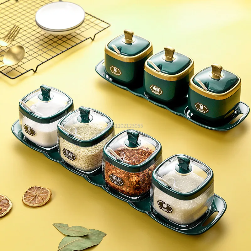 

Spice Bottle Plastic Seasoning Jar with Spoon Salt Shaker Sugar Container Sauce Bowl Dispenser Spice Rack Kitchen Gadgets