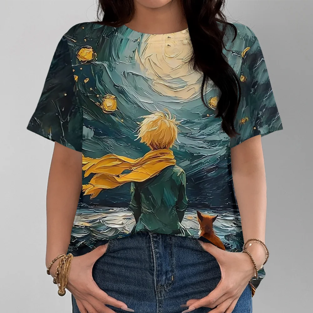 مرسومة باليد النفط اللوحة الصفراء ليلة مليئة بالنجوم الأمير الصغير نمط المرأة تي شيرت ريترو ستايل أزرق عميق كم قصير