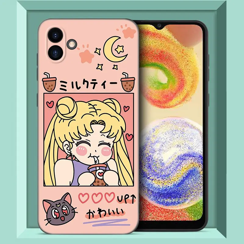 Cute S-Sailor Moon Black Silicone Phone Case For Samsung Galaxy A01 A03 Core A04 E A02 A05 A10 A20 A21 A30 A50 S A6 A8 + A7 2018