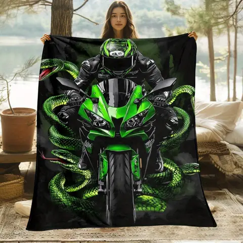 High Quality Green Cobra Venom Motorcycle Bike Design Print Throw Blanket Fleece for Men Gifts Aesthetic Couch Decor