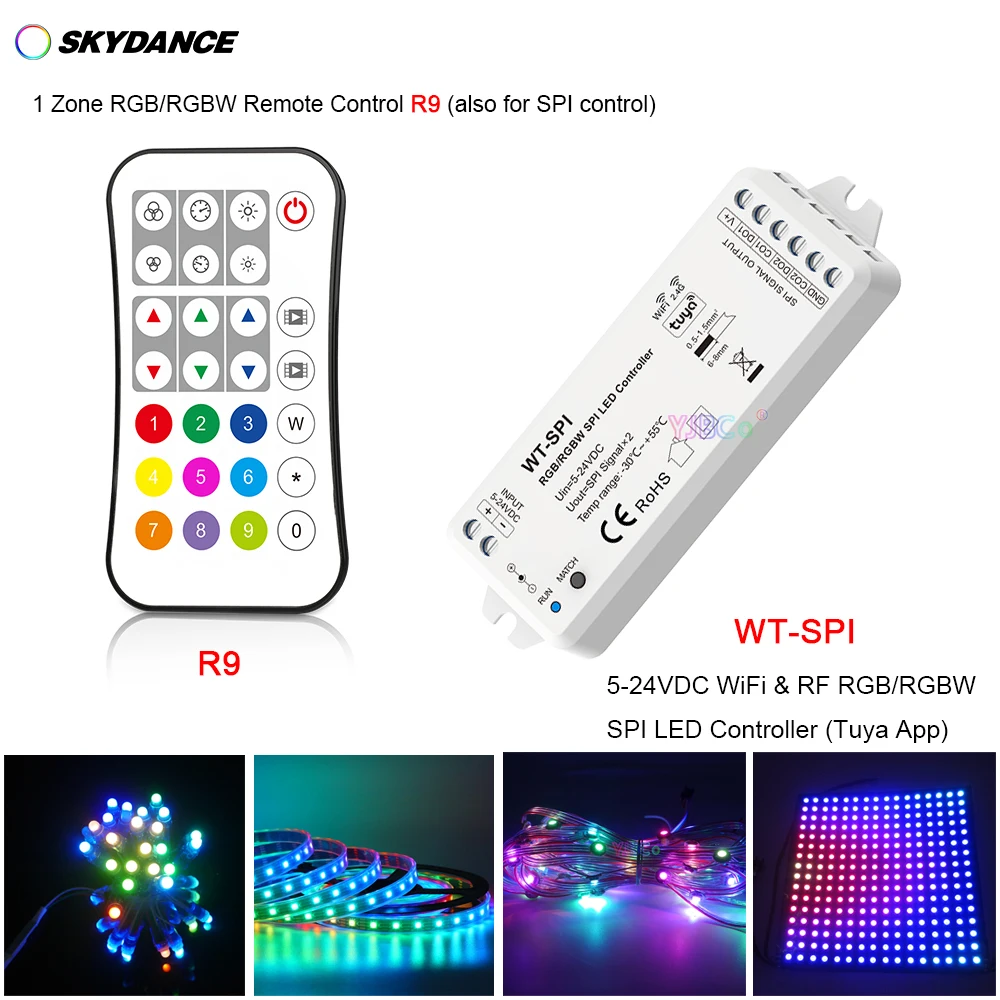 

Skydance music WiFi+2.4G RF RGB/RGBW Pixel IC SPI LED Controller WT-SPI R9 RGB Remote for WS2812 WS2815 LED Strip module 5V-24V