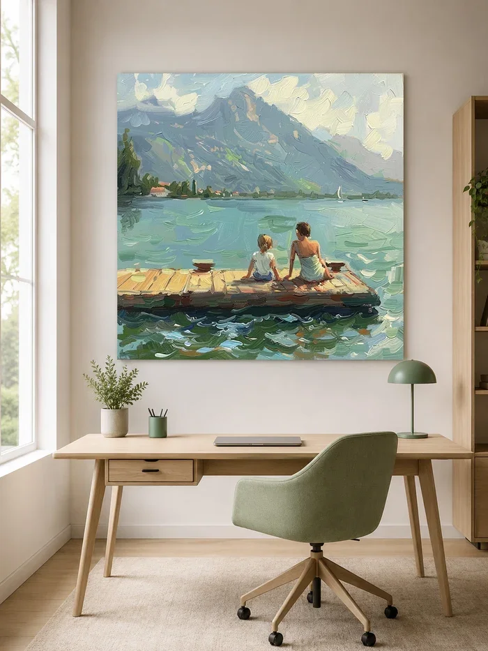 Lake Dock Wall Art Print, Mountain Landscape Decor Painting, Oil Poster, Serene Scenery Artworks for Living Room Bedrooms