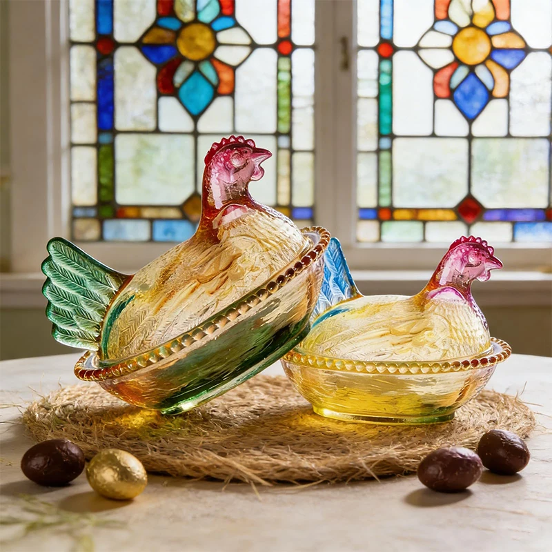 Glass Dish, Crystal Glasses Candy Dish With Lid Hen-Shaped Chicken Fruit Bowl Dessert Snacks Plate Retro Bowl Jar