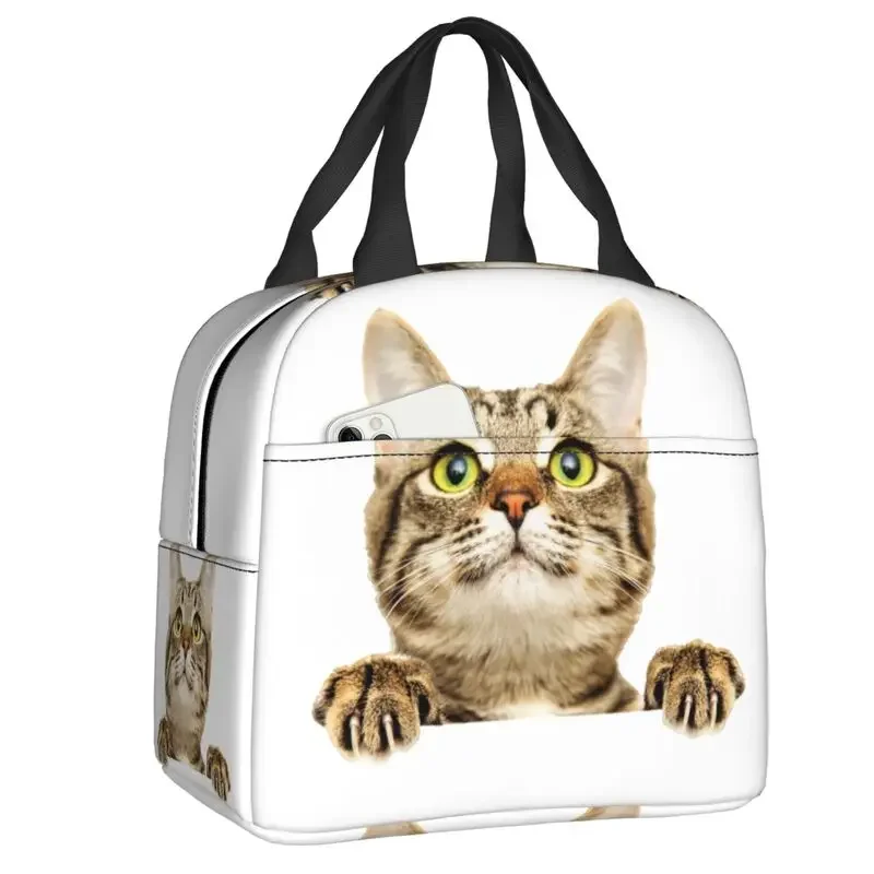 Niestandardowa torba na lunch Funny Cat Peeking Women Cooler Thermal Insulated Lunch Container Box dla dzieci Szkoła Praca Piknik Torby na żywność