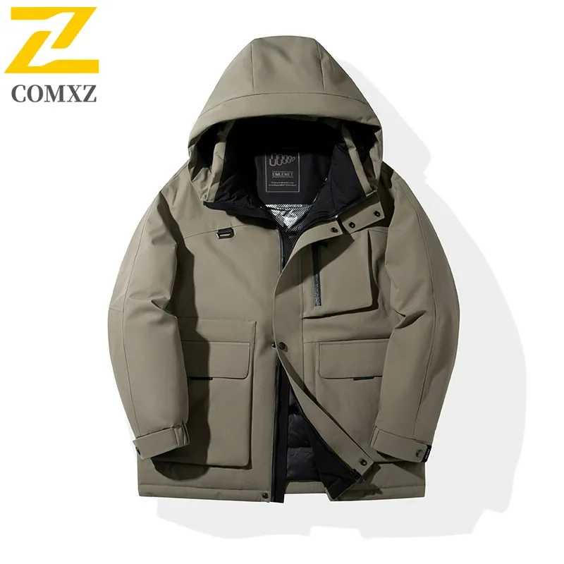 COMXZ Men Winter Padding Hooded Workwear Waterproof Thick Warm Travel Padded Jacket Skiing Windproof Tool Cotton Padded Jacket