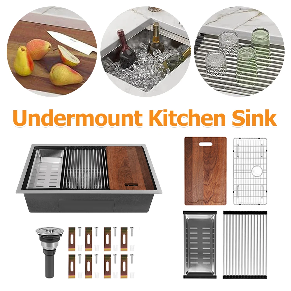 

16 Gauge Washing Sink Handmade 2.50ft Single Bowl Ledge Workstation with Bottom Grid Basket Strainer Multifunction Chef Sink