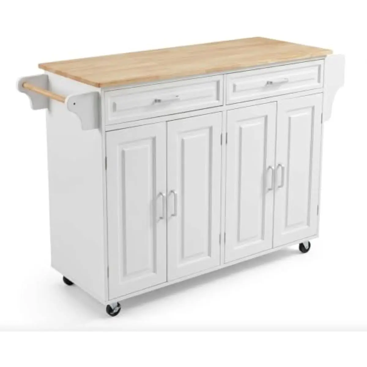 Island trolley cart with dual cabinets, two sliding drawers, integrated knife holder, customizable shelving system, rubberwood c
