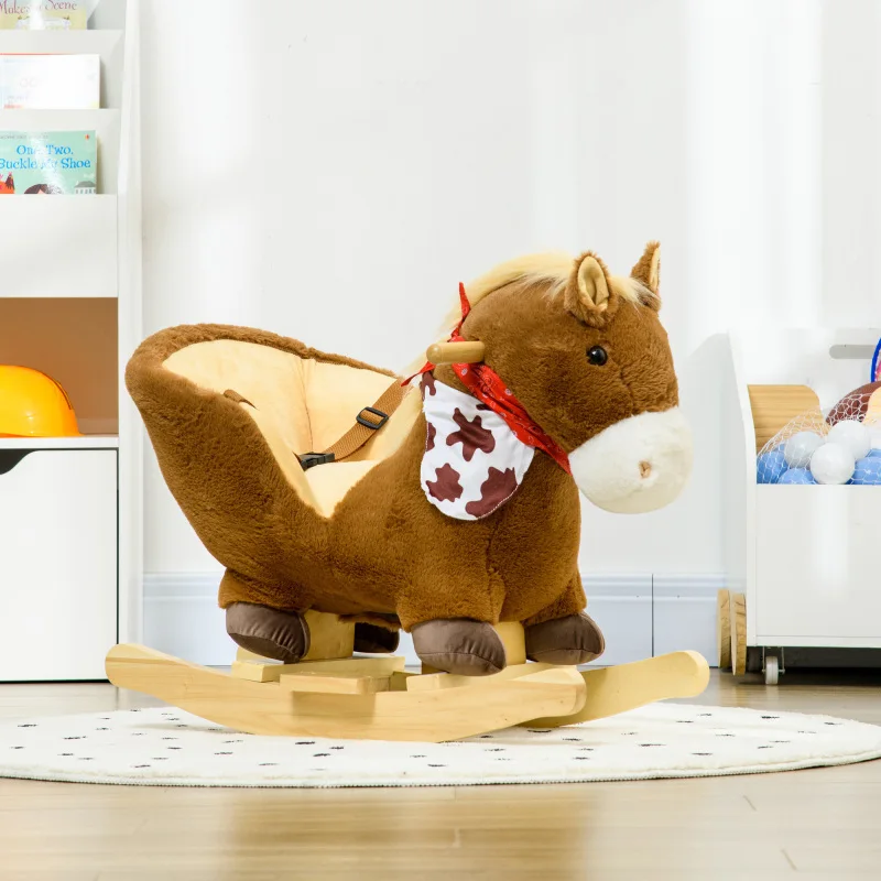 Baby Plush Animal Rocker Horse Brown Realistic Sound Pedals for 18 36 Months Sturdy Soft Ideal Toddler Indoor Play Gift