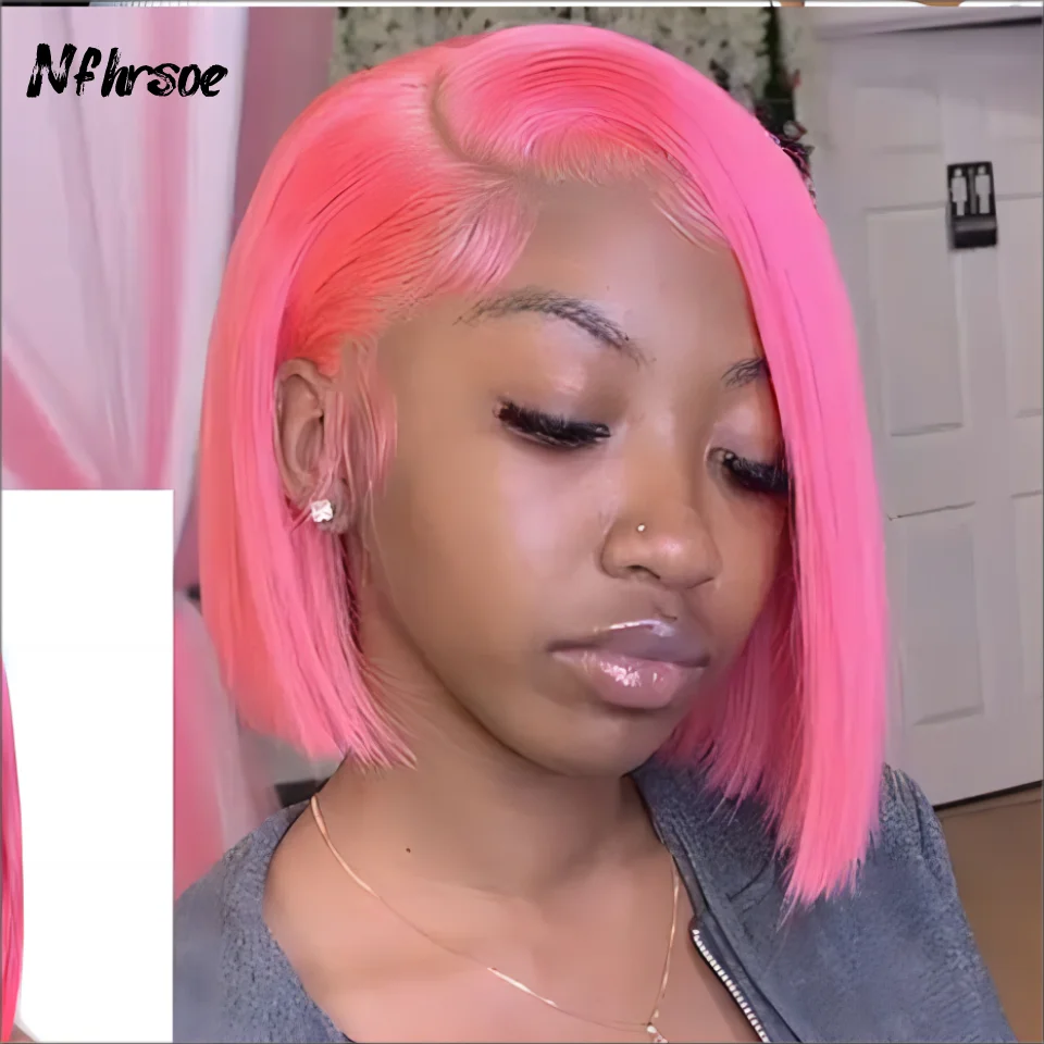 

200 Density Brazilian Colored Human Hair Wig Pink Straight Short Bob High Quality 13x4 Transparent Lace Frontal Wigs For Women