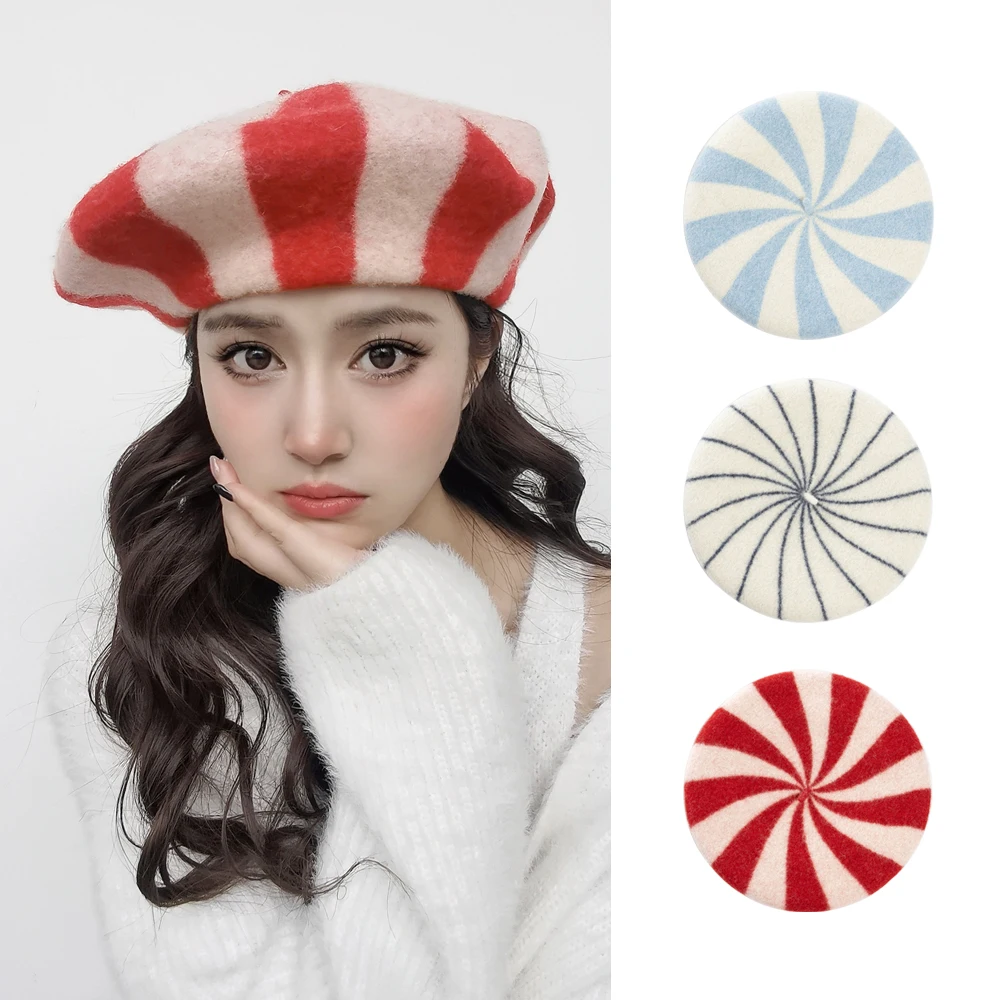 100% Australia wool beret striped style candy color fashion beret knitting beret for women two tone beret