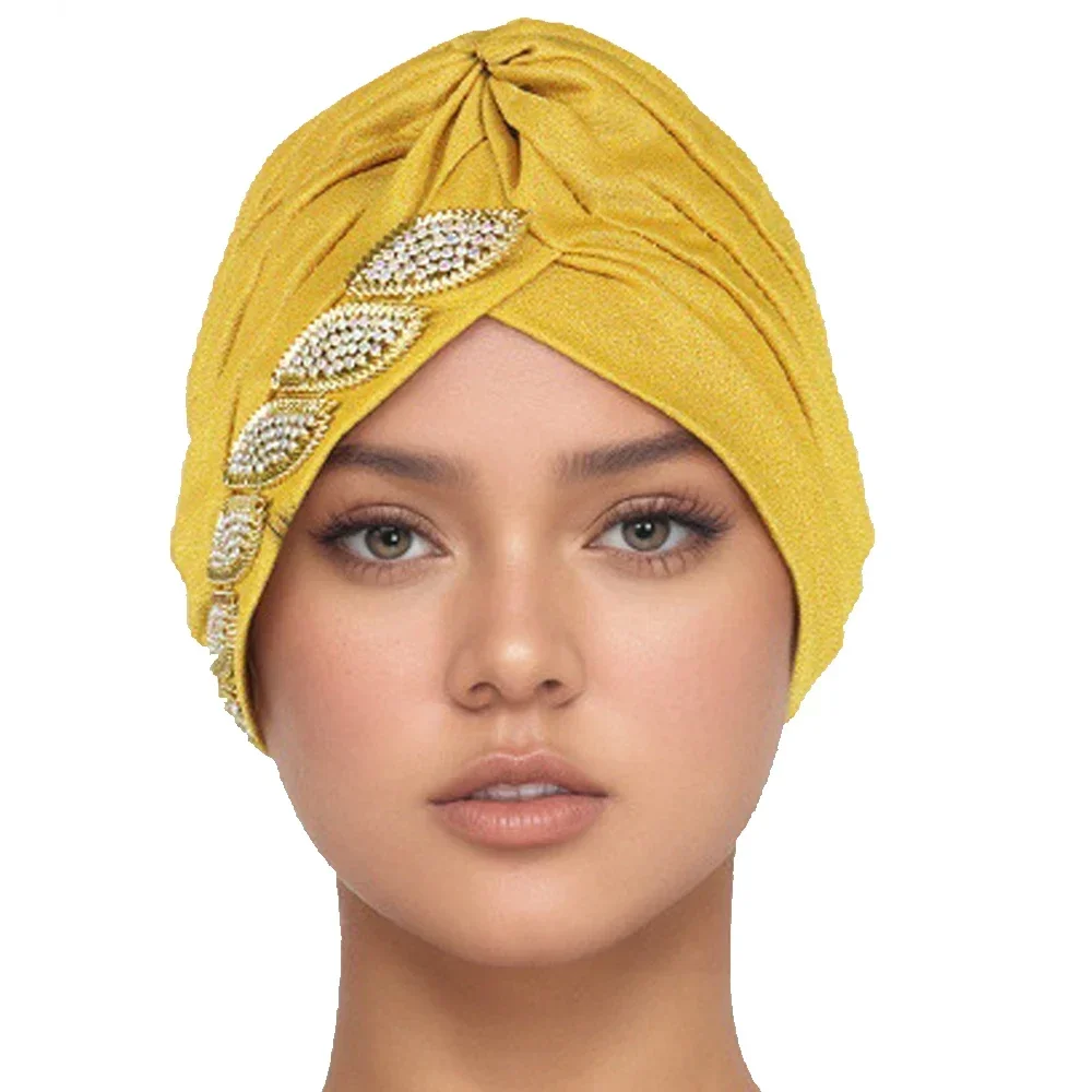 

Luxury Diamonds Turban Cap for Women African Headties Bonnet Muslim Hijab Ruffles Headscarf Beanie Chemo Wedding Party Head Wrap