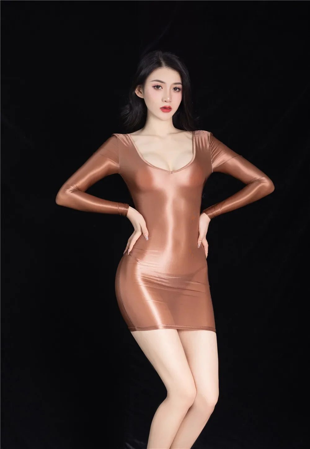Sexy Package Hip Dresses Deep V Neck Oil Shiny High Elastic Bodycon Dresses Women's Mini Micro Pencil Dress Nightclub Wear