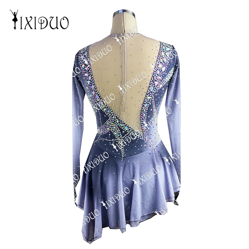 Adult Kids Ice Figure Skating Dress Rhinestone Crystal Long Sleeve Performance Wear Girls Competition Practice Skating Clothes