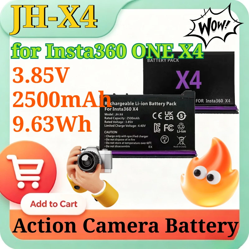 

JH-X4 3.85V 2500mAh 9.63Wh High Capacity Replacement Li-ion Battery for Insta360 ONE X4 Action Camera+Dual Charger Charging Hub