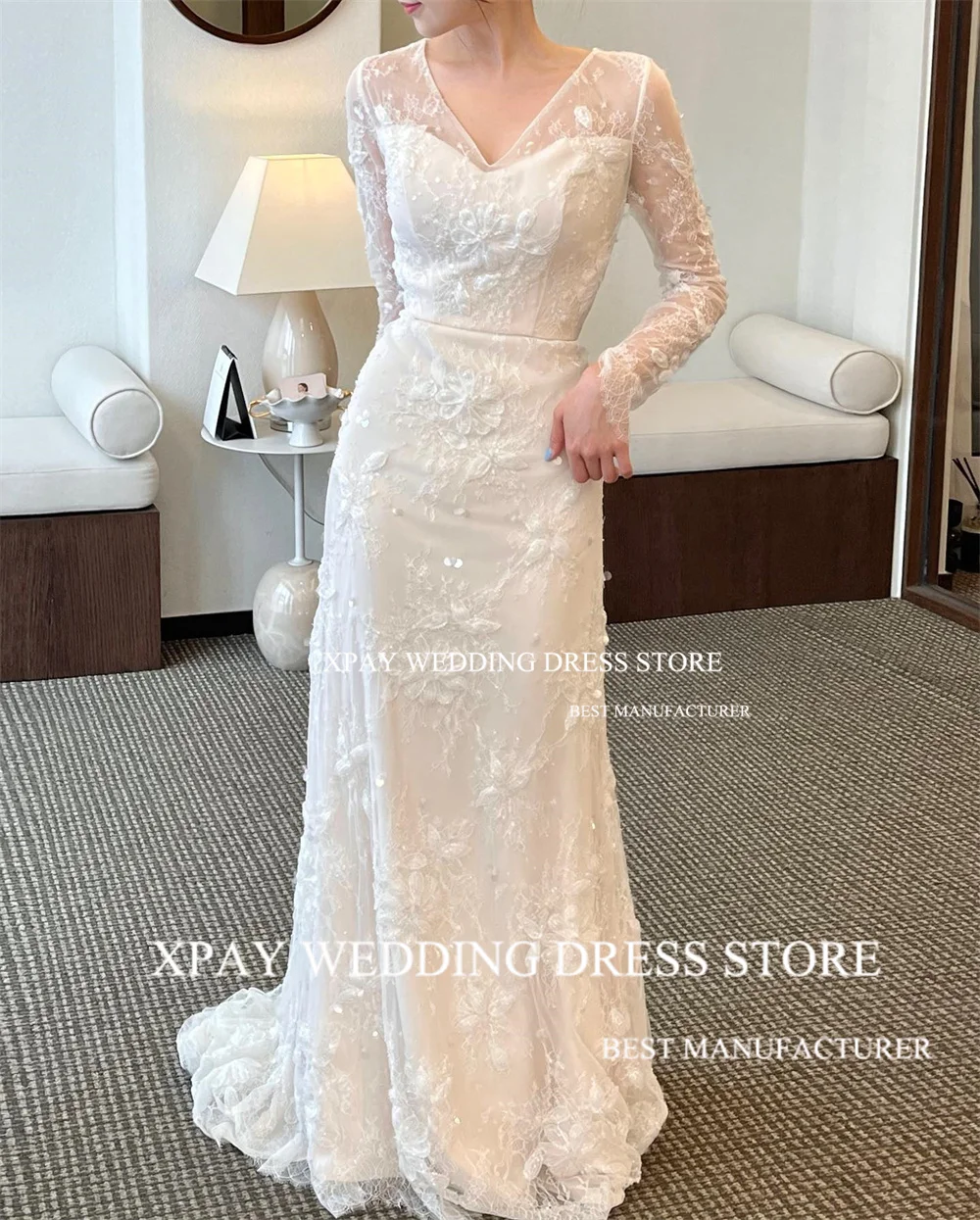 XPAY Vintage V Neck Korea Mermaid Wedding Dresses Lace Appliques Long Sleeve Bridal Dress Backless Custom Boho Bride Gown