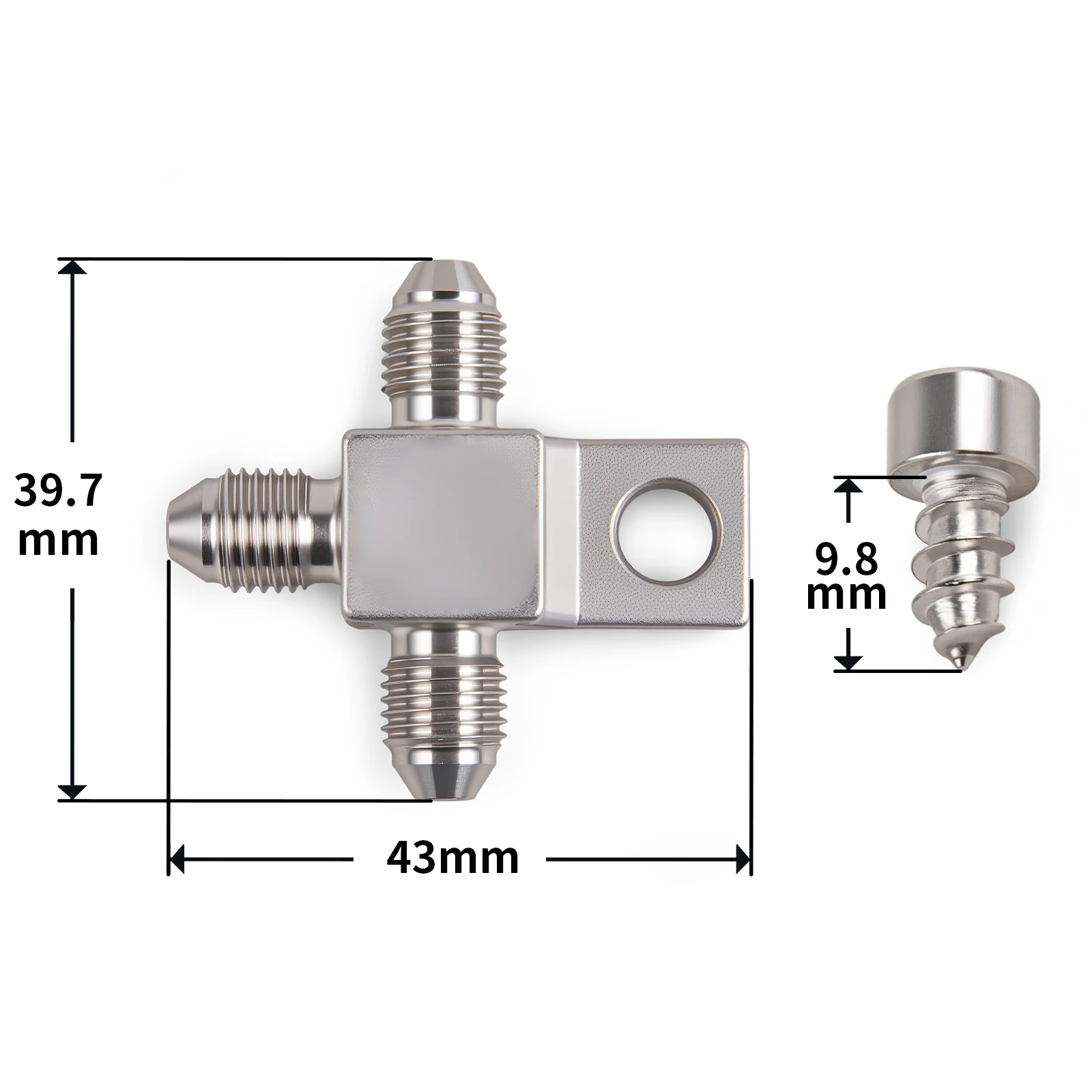 AN3 Male Tee Brake Line Hose Fitting to AN3 Three-Way with Self-Tapping Screw, Stainless Steel Titanium Color