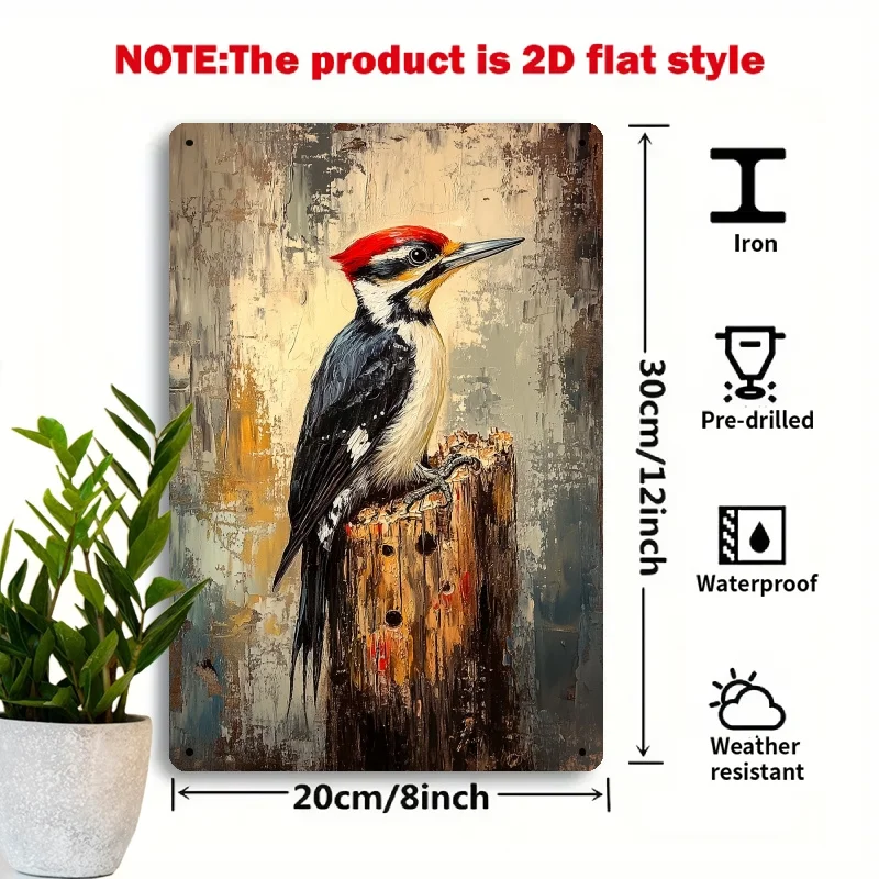 2D Flat, Vintage Woodpecker Metal Wall Art - Rustic Farmhouse Decor with Pre-Drilled Holes, Heavy-Duty Iron Construction, High Q