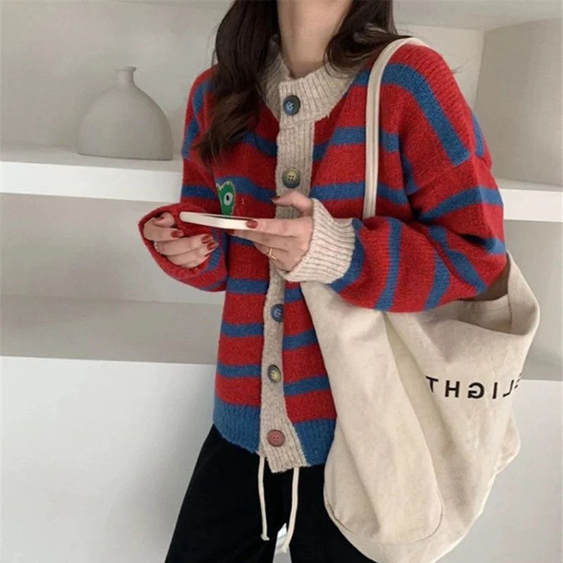 Autumn Winter Stripes Knitted Cardigan Women Warm Round Neck Long-Sleeved Sweater Casual Single Breasted Matching Button Tops