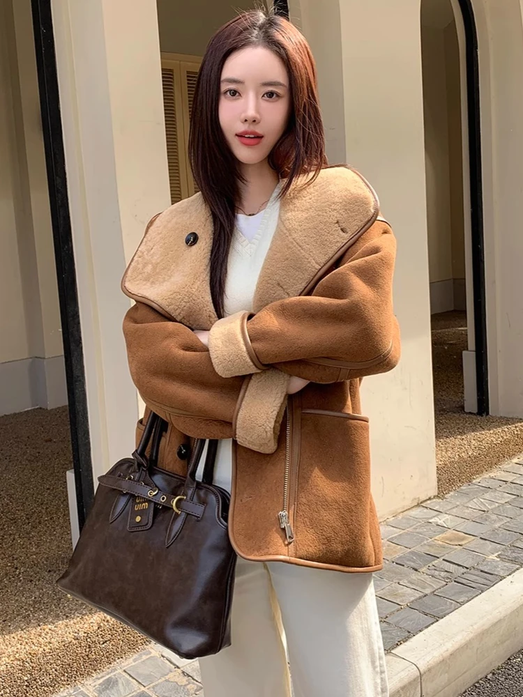 High-end Luxury Merino Sheep Fur Winter Motorcycle for Jacket Women Simple Double-sided Wear Real Fur Genuine Leather Suede Coat