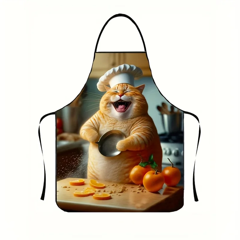 Funny Laughing Chubby Tabby Cat Print Apron Waterproof Animal Theme Kitchen Cooking Bib for Men Women Household Cover