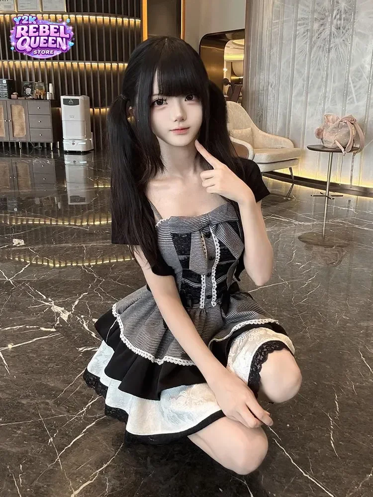 Coquette Sweet Y2K Camisole Dress Set Women Striped Bow Lace Trim Cropped Cardigan Ruched Slim Fit Mini Dress Party Outfit view 2
